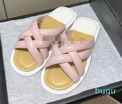 

Designer Cloud Slippers Women Cross Weave Sandals Square Toe Flip-Flops Thick Bottom Slipper Leather Outsole Sheepskin Lining Beach Shoes, Grey