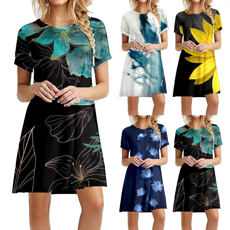 

Casual Dresses Women Summer Round Neck Short Sleeve Dress Flower Print Skirt, Blue