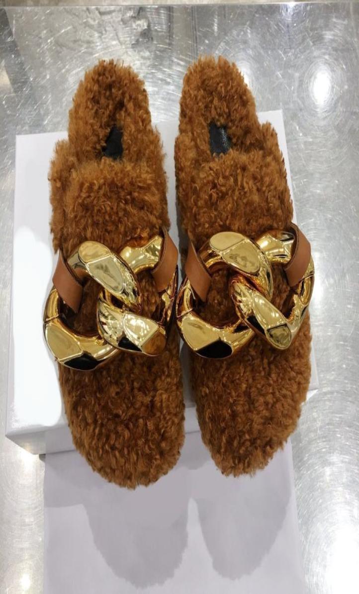 

London Luxury Flat Heels Slipper classic JW Loafers Winter plus cashmere JA Sandals Genuine Leather Wood Bottom gold Chain Slipper5372299, Brown
