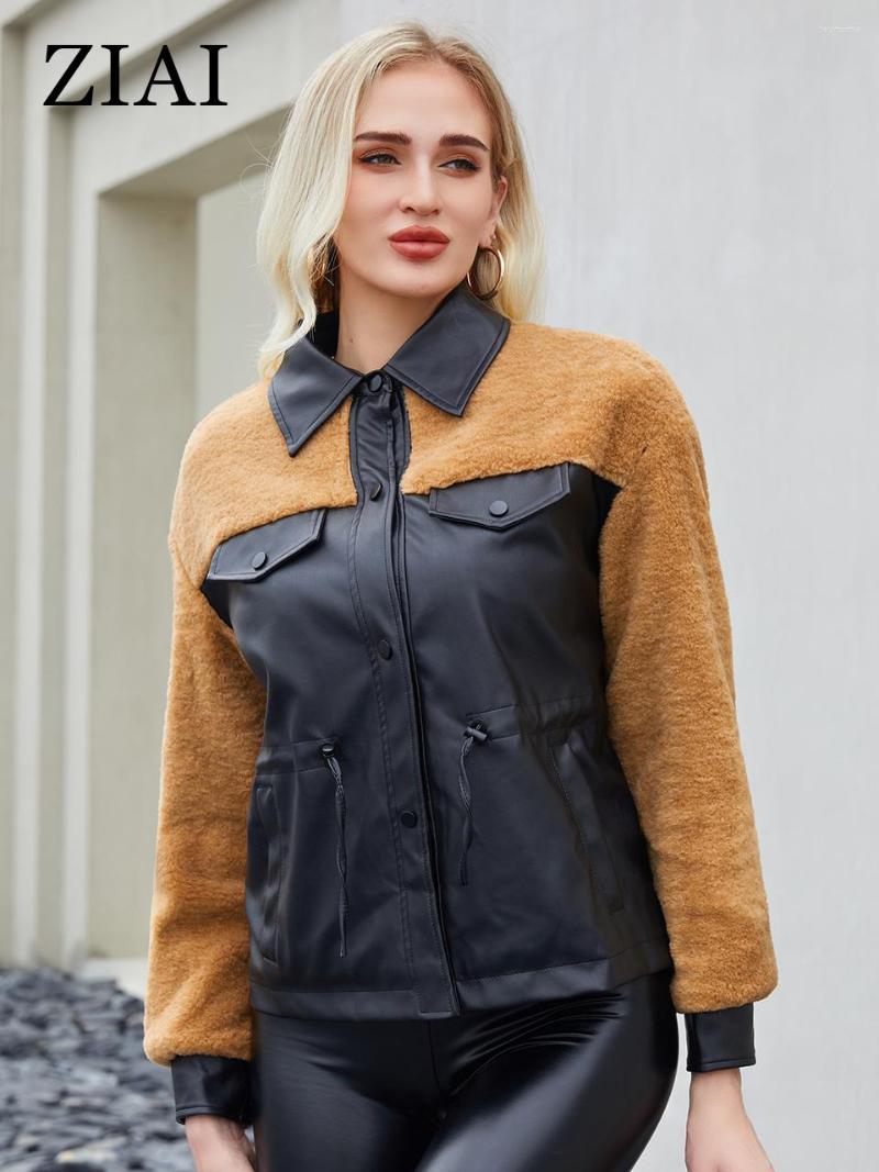 

Women' Jackets ZIAI 2023 Women Autumn Coat Teddy Faux Fur Outerwear Female Leather Jacket Splicing Plush Drawstring Furry Overcoat ZN-T096, K46 red