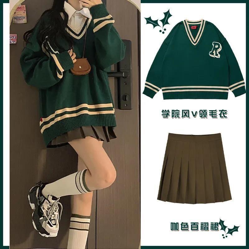 

Dress Tweedelige Set Vrouwen Lente High Street Pakken Hong Kong Stijl Zoete Koele Preppy Vhals Dark Green Trui Koffie Alijn rok, Green sweater