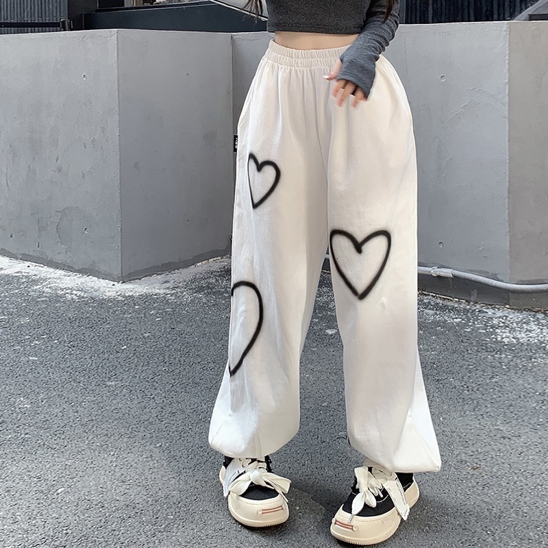 

Women's Pants s Heart Printing Sweatpant Loose Straight Joggers High Waist Wide Leg Oversize Streetwear Korean Y2k Hip Hop Trousers 230419, Black