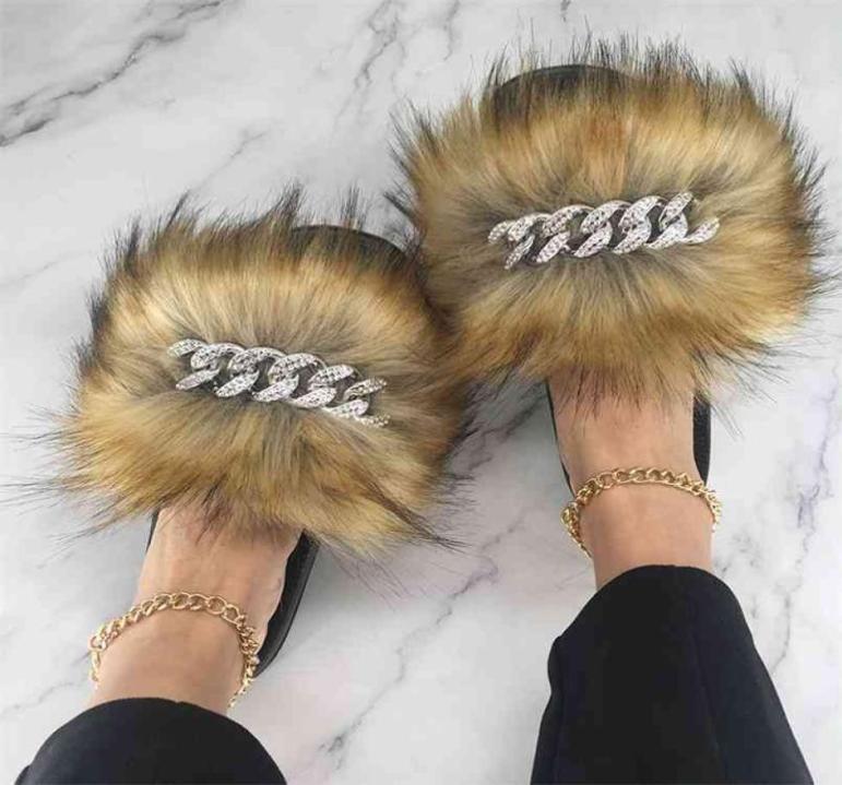 

Fur Slides Women Fluffy Slippers Ladies Summer Chain Flip Flops Beach Shoes Female Indoor ry With 2106072634215, Lightgreen