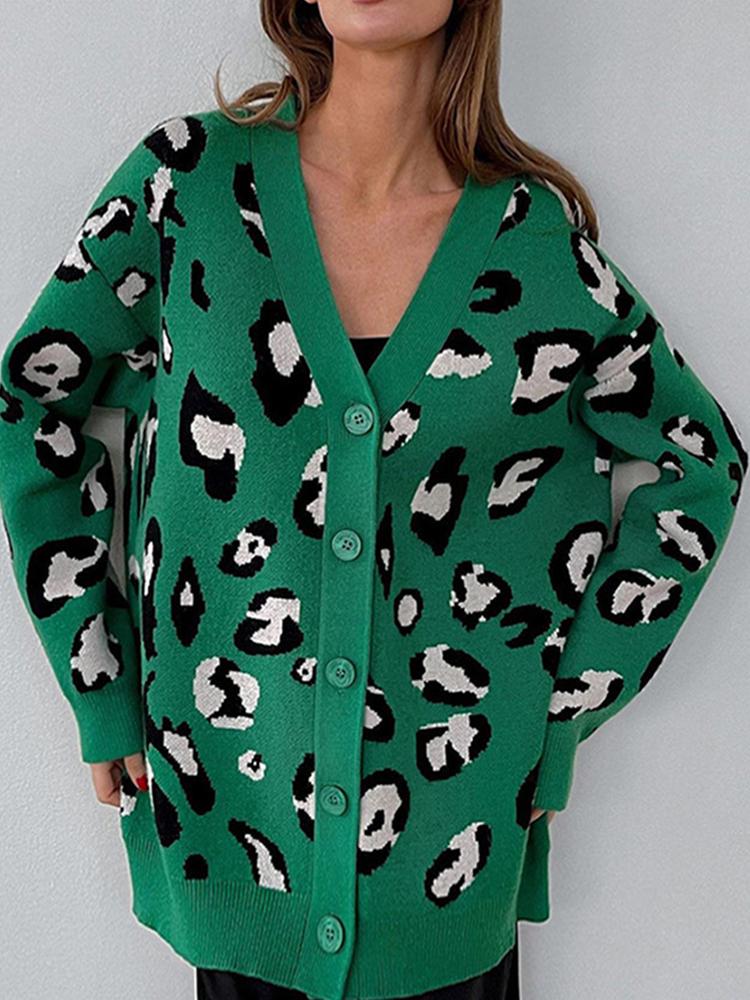 

Sweaters Winter Leopard Print Cardigan For Women Oversized Green Knitted Sweater Elegant Loose Thick Knitwear Casual Vintage Cardigans, Red