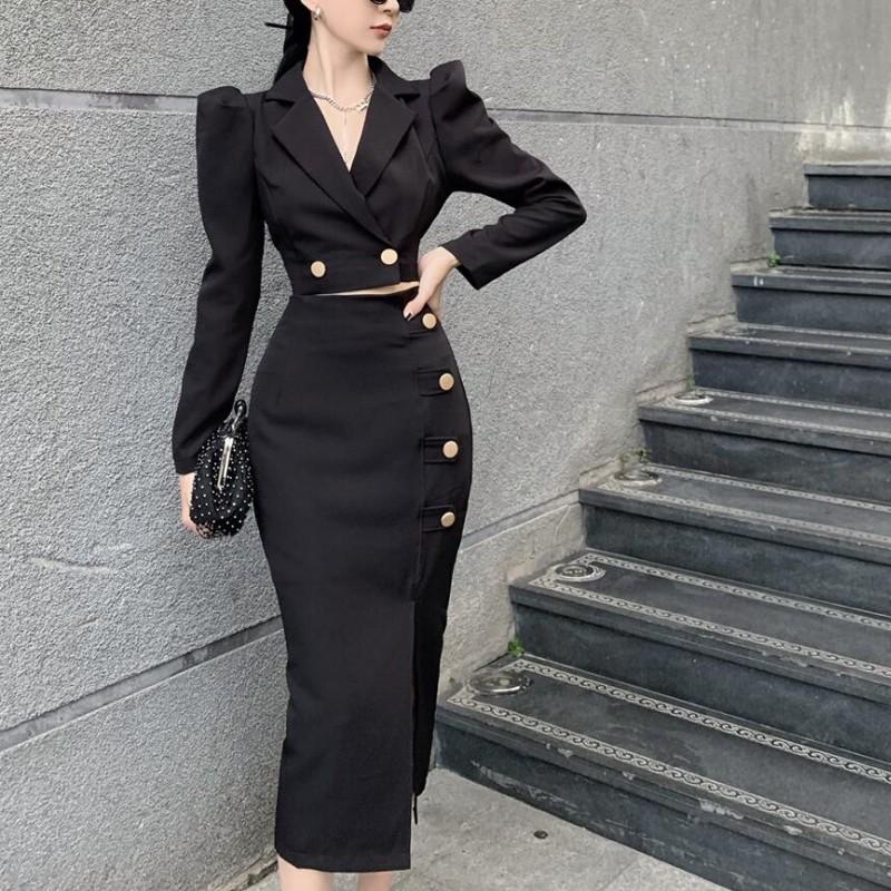 

Dress New Arrival Fashion Autumn Women OL Temperament black Crop Top + Sexy Split Midi Skirt Slim Skirt Suits 2021