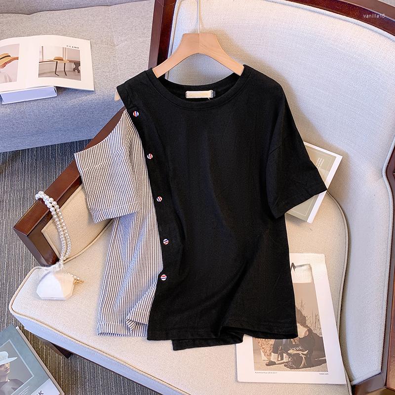 

Women's Blouses L-4XL Large Size Off The Shoulder Summer Striped Short Sleeve Asymmetric Oversize Shirts Women Round Neck Loose Chic Top, Picture color