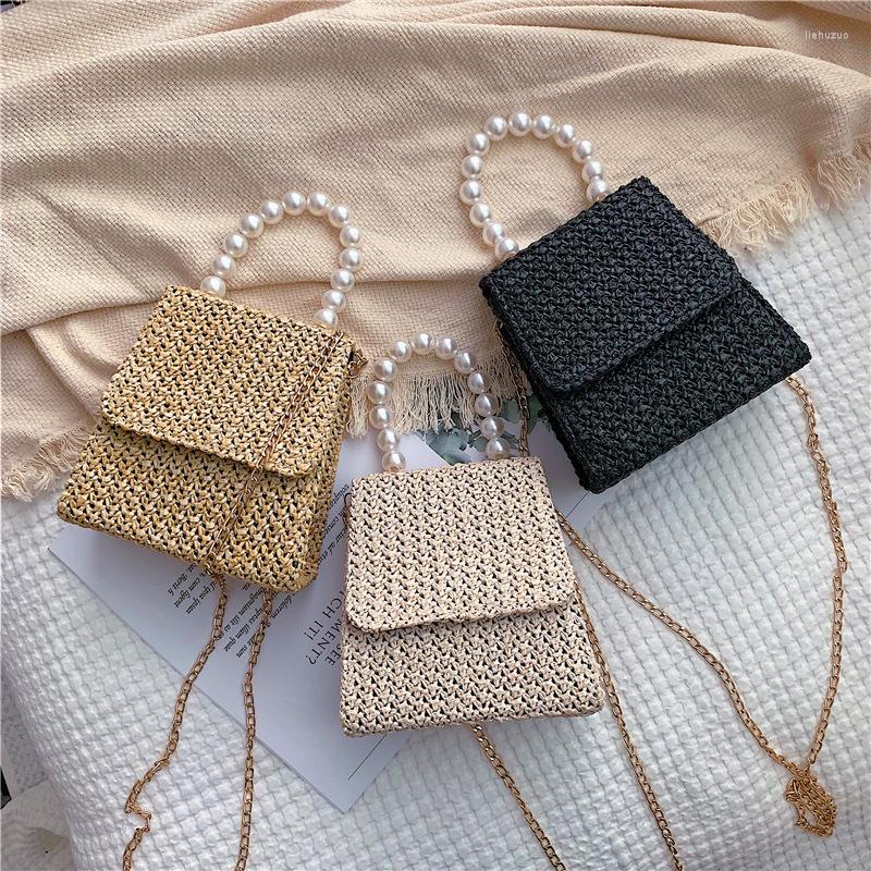 

Evening Bags Straw For Women 2023 Female Summer Handmade Woven Shoulder Small Pearl Handle Ladies Hand Travel Purse Beach, Beige