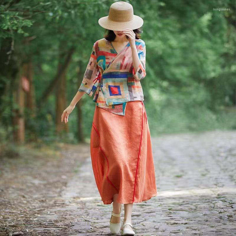 

Ethnic Clothing Chinese Traditional Cardigan Dress Summer Loose Vintage Print Women Clothes Female Solid Color High Waist Cute Skirt