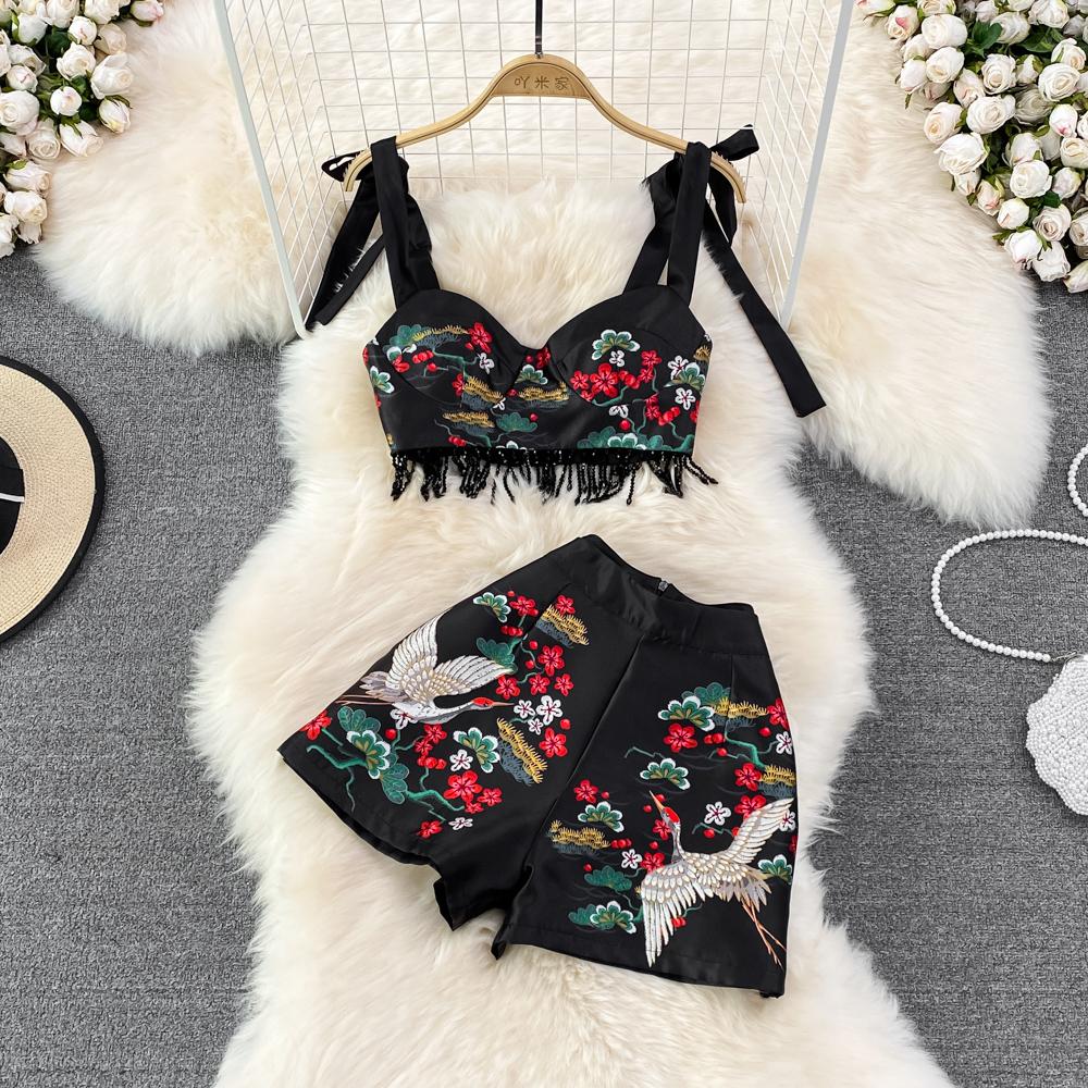 

Dress 2022 Summer Bohemain Shorts Two Piece Set Runway Bow Strapless Crop Tops and Shorts Outfits for Women Matching Sets N6873, Black