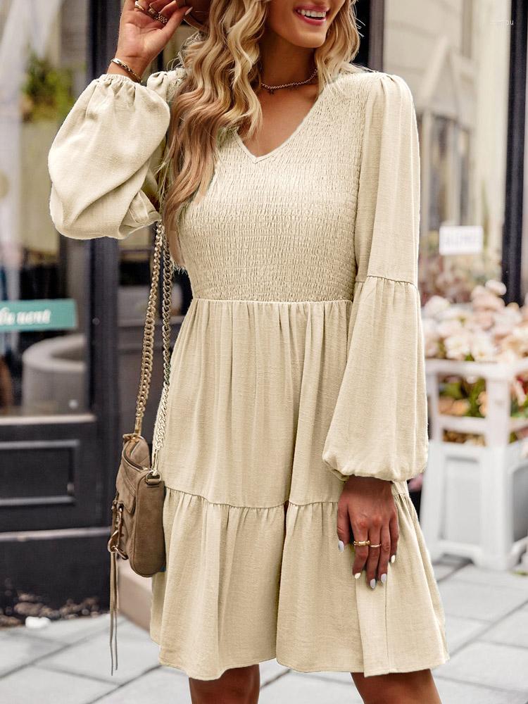 

Casual Dresses Elegant Women' Vintage Dress Shirred Ruffle Smocked Long Sleeve V Neck Flowy A Line Solid Mini 2023, Beige