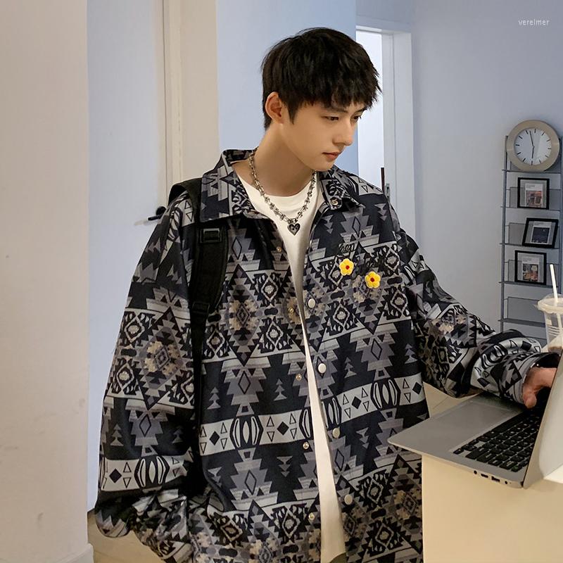 

Men's Casual Shirts Men Spring Shirt Coat Personality Pattern Flower Classic Lapel Single Breasted Loose Fashion Trend Top, Gray