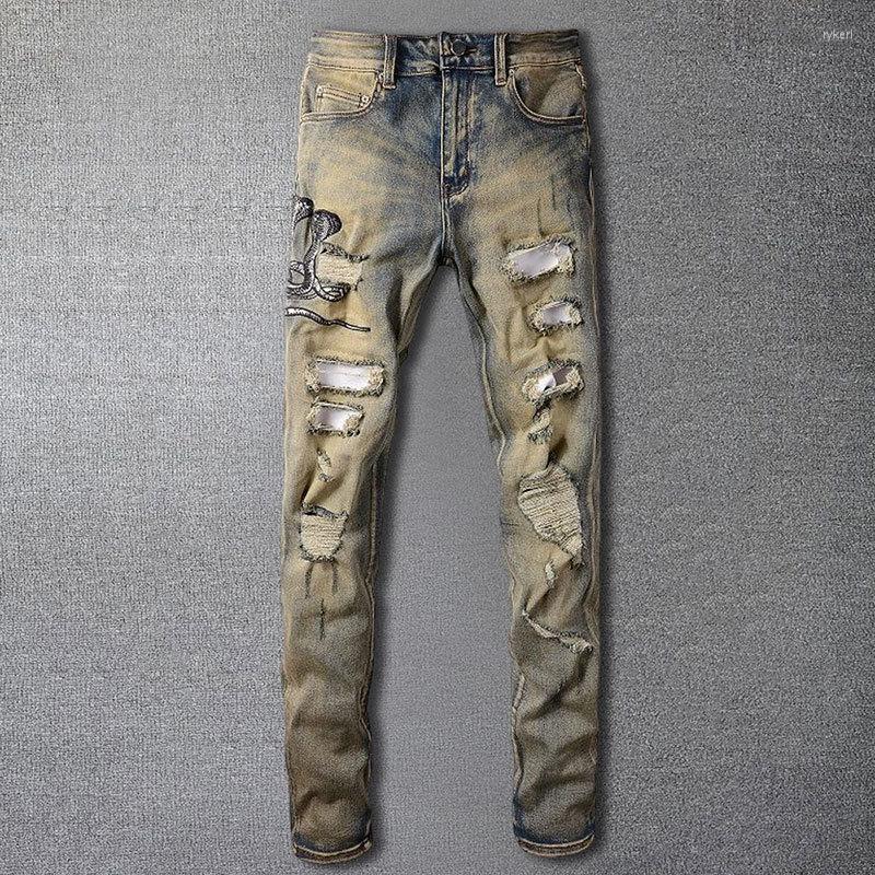 

Men's Jeans Animal Snake Embroidery Pattern Motorcycle Pant Street Retro Ripped Jean Hip Hop Designer Homme Marque De Luxe, Picture