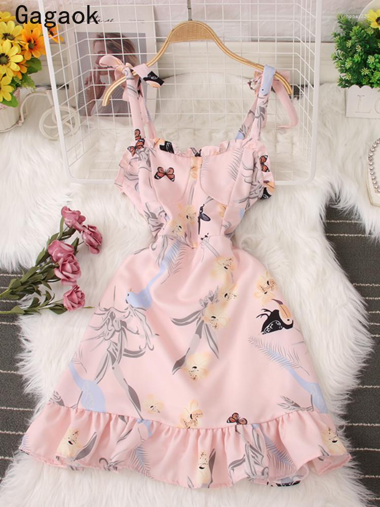 

Casual Dresses Gagaok Woman Dress 2023 Summer V-Neck Spaghetti Strap Sleeveless Print Mini Sexy French Ruffles Chic Vestidos, Black