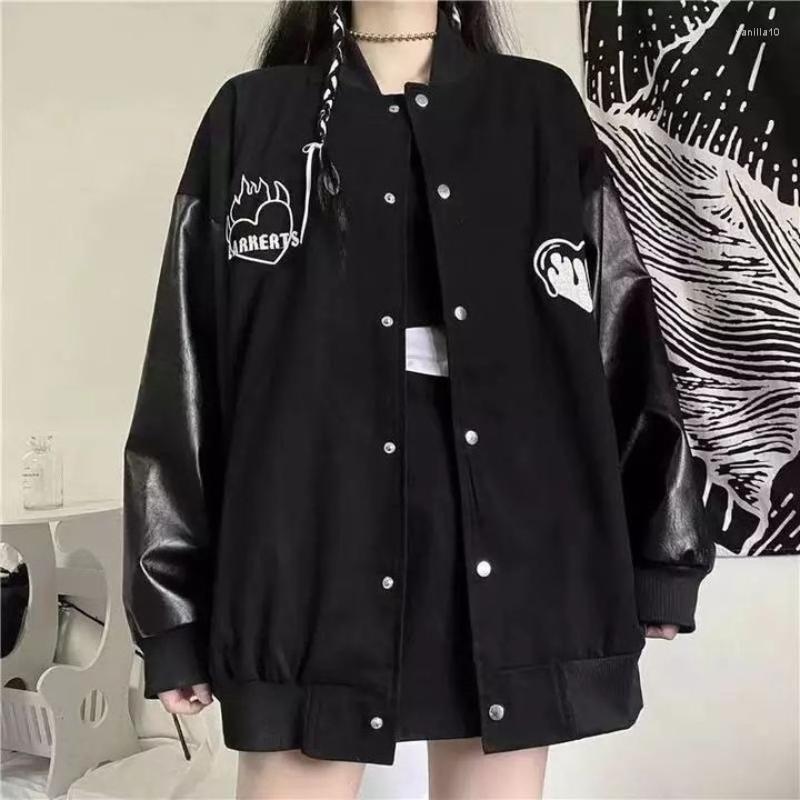 

Women' Jackets Deeptown Harajuku Fashion Korean Bomber Jacket Women Y2k Streetwear Hip Hop Vintage Aesthetic Autumn Winter Leather Coat, Black