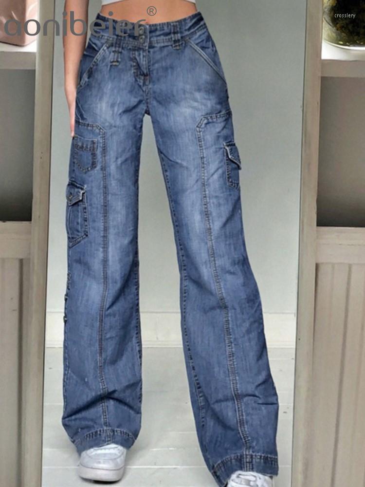 

Women' Pants Aonibeier Spring Streetwear Women Wide Jeans Vintage Distressed High Waist Exposed Buttons Denim Cargo Female Trousers Y2K