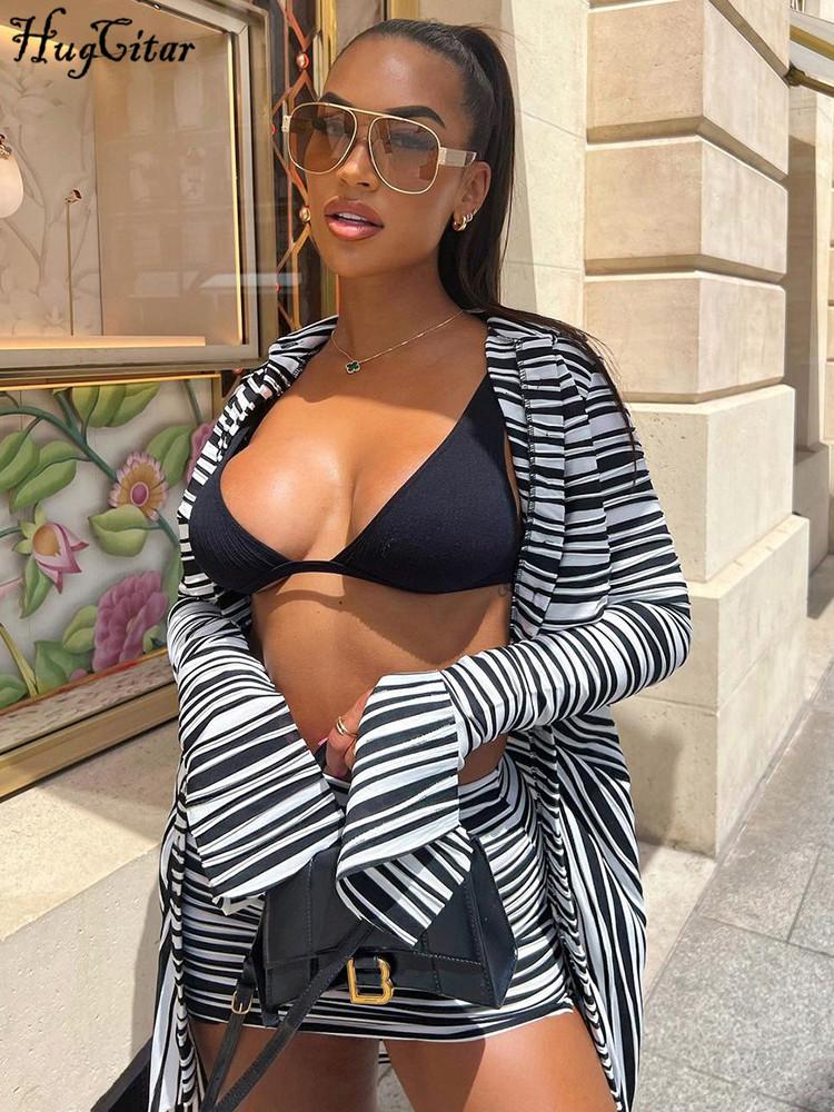 

Dress Hugcitar Stripe Print Long Sleeves Turndown Neck Buttons Long Shirt Skirts 2 Piece Set Summer Women Sexy Slim Clothes Streetwear, Black