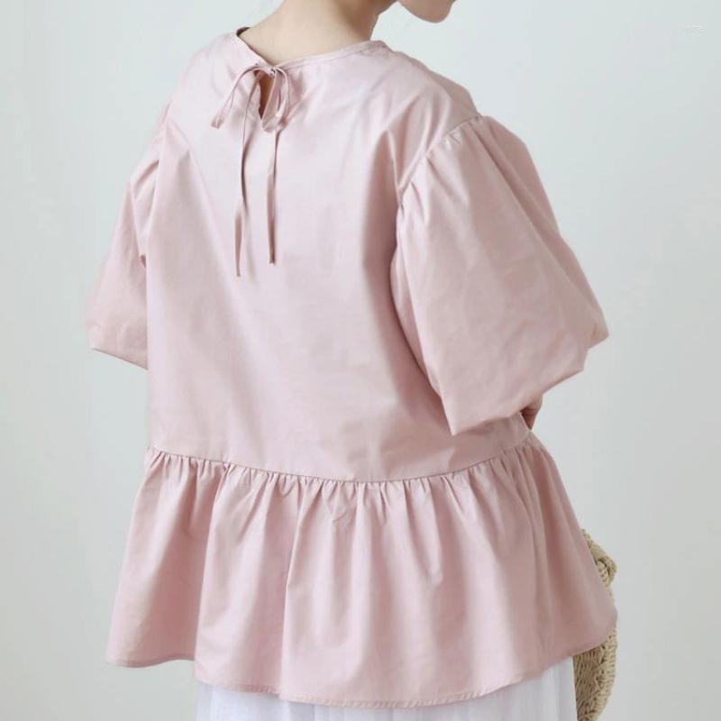 

Women's Blouses Sweet Solid Lace-up O-neck Lantern Sleeve Ruffled Patchwork Loose Women Shirts 2023 Japan Style Summer Blusas Mujer, Pink