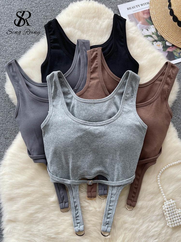 

Women's Tanks SINGREINY American Retro Summer Sexy Camisole Solid O Neck Sleeveless Slim Short T Shirt Women Streetwear Y2K Sporty Tank Top, Khaki