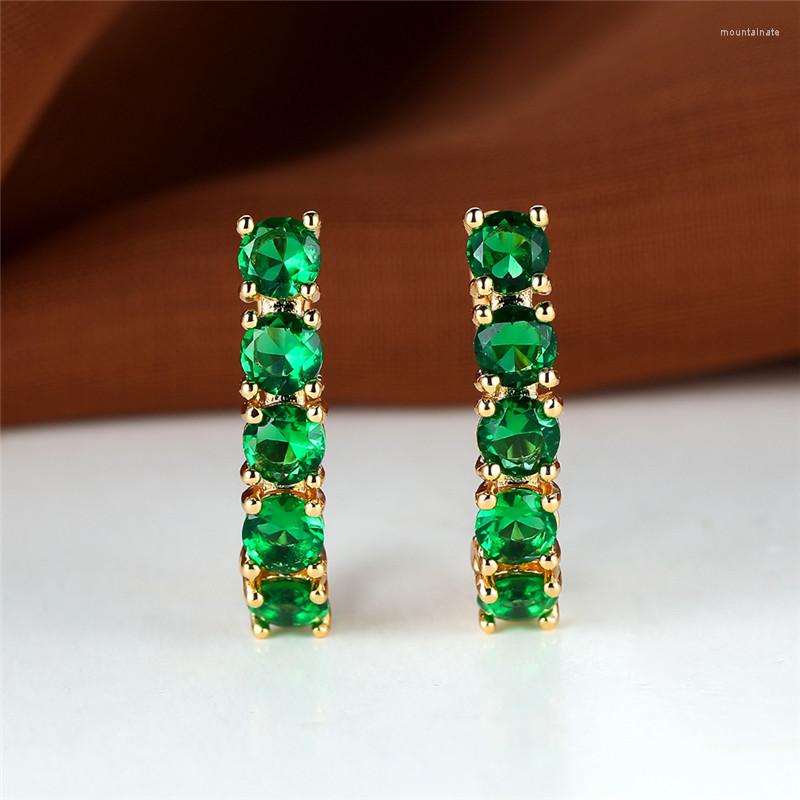 

Hoop Earrings Single Row Green Zircon Female Luxury Crystal Round Stone Boho Gold Color Wedding For Women Gift