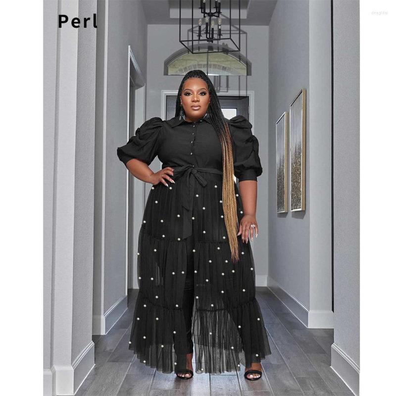 

Plus Size Dresses Perl Pearl Gauze Semi-see-through Dress Turn Down Collar Mesh Patchwork Women's Clothing Fashion Chiffon Maxi, Black