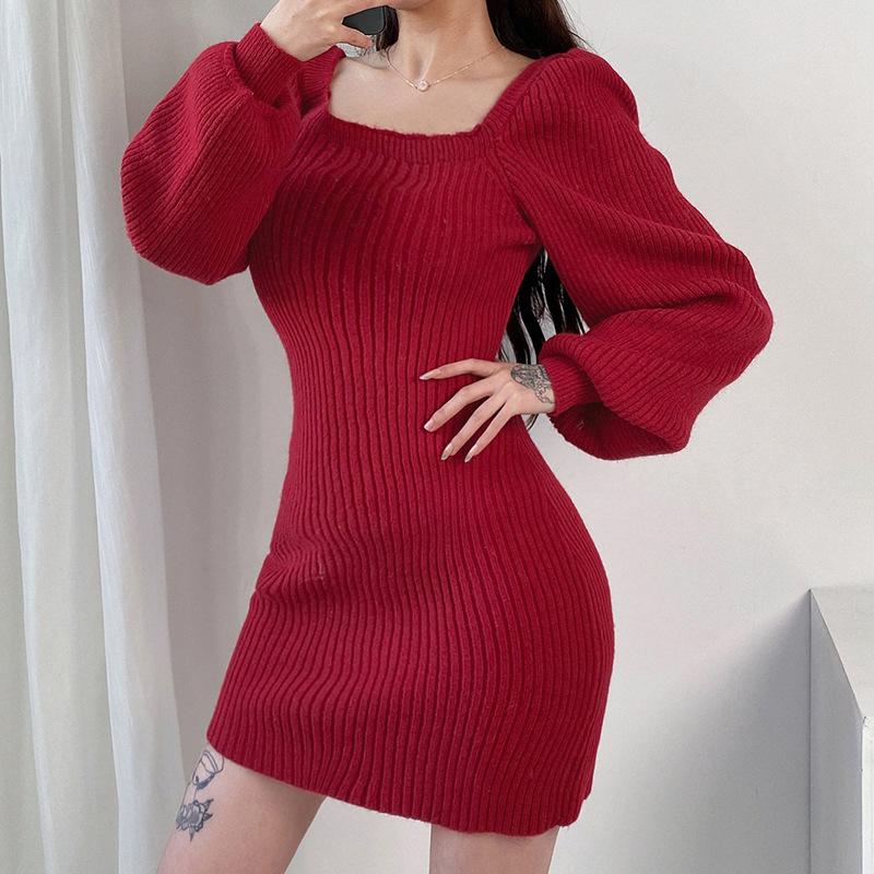 

Casual Dresses Knitted Long Sleeves Mini Dress 2023 Fashion Fall Winter Vintage Slim Bodycon Square Collar Red Elegant Women Partywear, Apricot dress