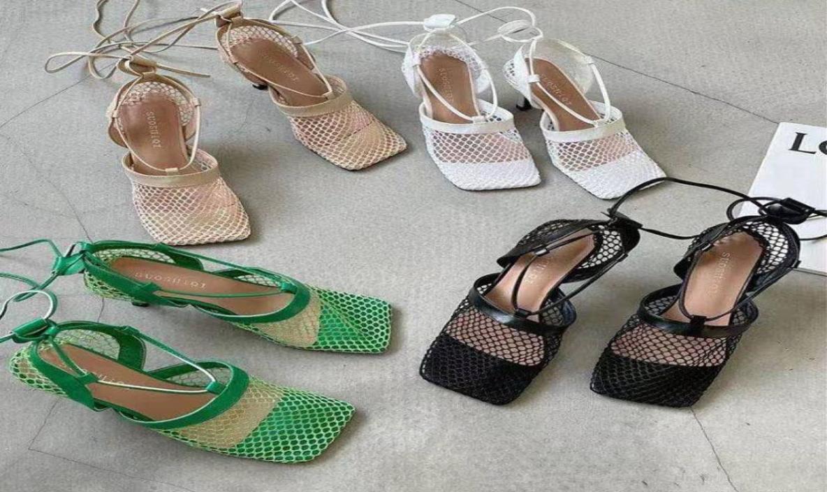 

2021 Ladies Sexy Mesh Sandals Shoes Summer Thin High Heels Pumps Women Square Toe Ankle Strap Gladiator Romen Outdoor Sandals7825325, Black