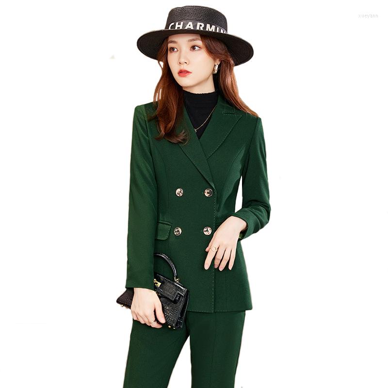 

Women's Two Piece Pants Green High End Suits Women Autumn Business Formal Temperament Long Sleeve Blazer And Office Ladies Interview Work