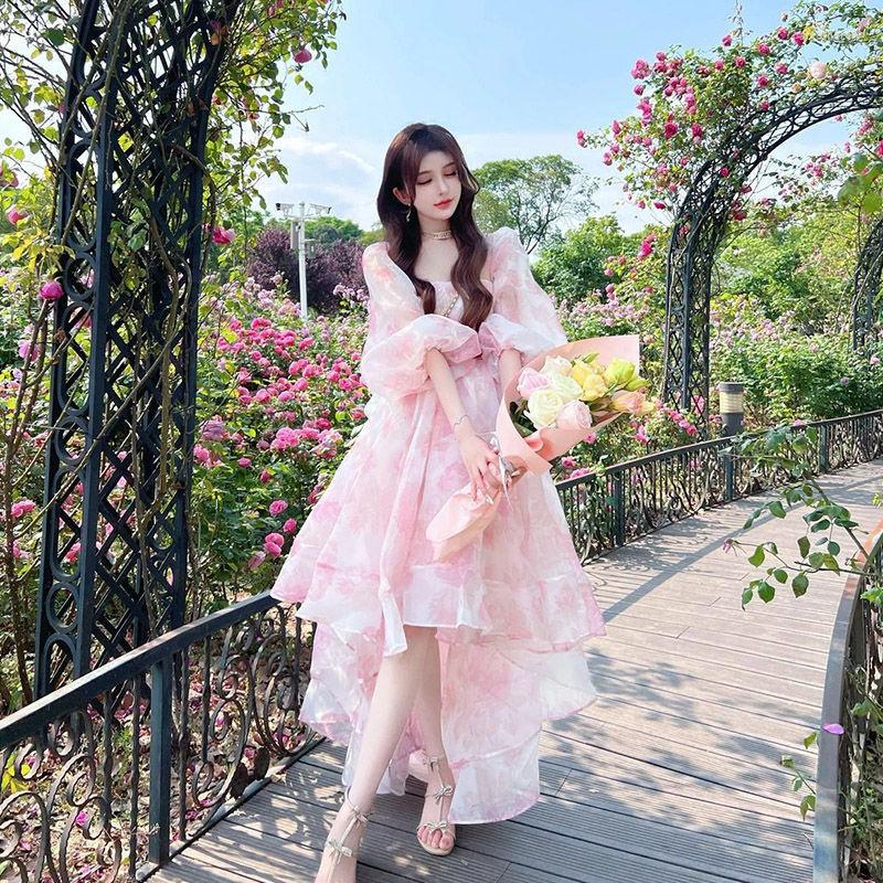 

Casual Dresses French Irregular Printing Sweet Female Summer Elegance Princesses Flower Bubble Sleeve Square Neck Fairy