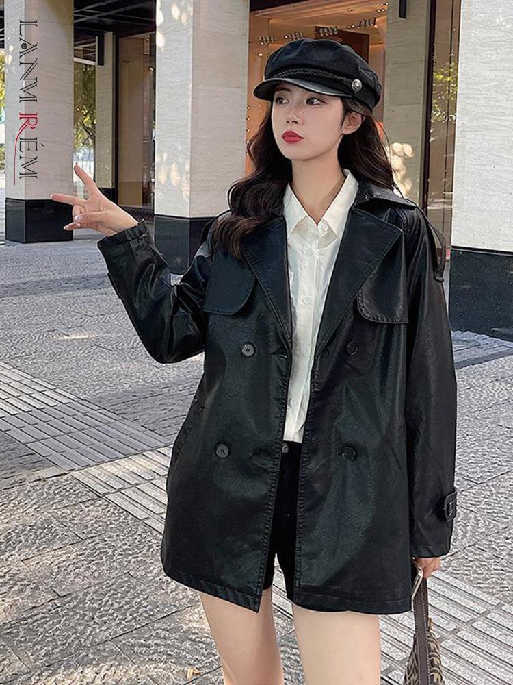 

Women's Jackets LANMREM Fashion PU Leather Jacket Mid-length Lapel Double Breasted Black Color Coat Korean 2023 Autumn Winter