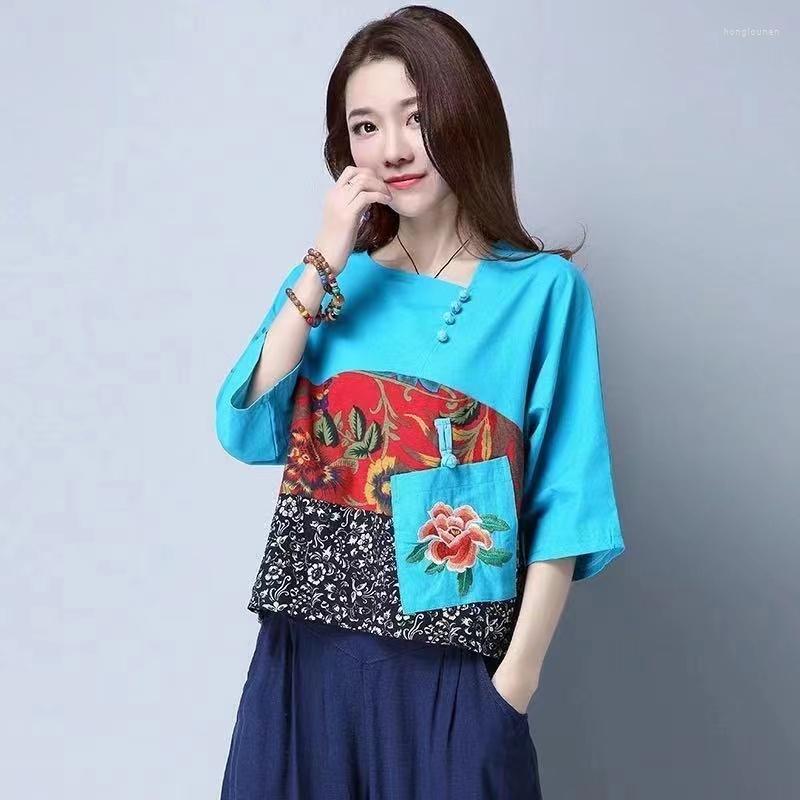 

Ethnic Clothing Style Women Cotton LinenTop 2023 Lady Spring Summer Hanfu Tang Suit Stitching Trend Floral Female T-shirt