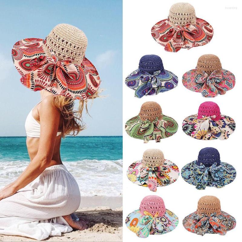 

Wide Brim Hats Spring Summer Foldable Beach Hat Bowknot Fishing Cap Bohemia Sun For Women Girls Floral Straw, Color 3