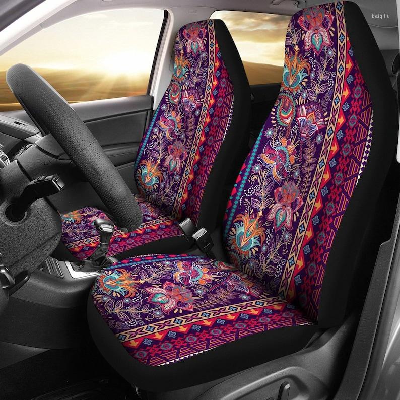 

Car Seat Covers Purple Orange Ethnic Boho Bohemian Abstract Art Pair 2 Front Protector Accessories