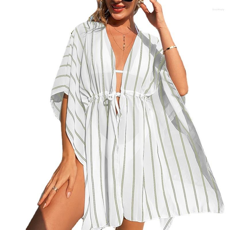 

Women's Swimwear Ladies Beach Cover Up Loose Striped Cardigan Bikini Strap, Grey