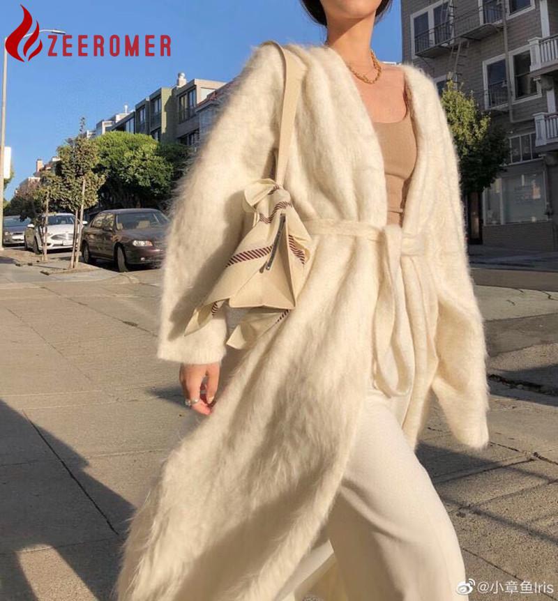 

Sweaters AUTUMN WINTER ELEGANT MINK CASHMERE LONG KNITTED CARDIGAN WOMEN VNECK LONG SLEEVE LACE UP MOHAIR THICK WARM LOOSE SWEATER COAT, White