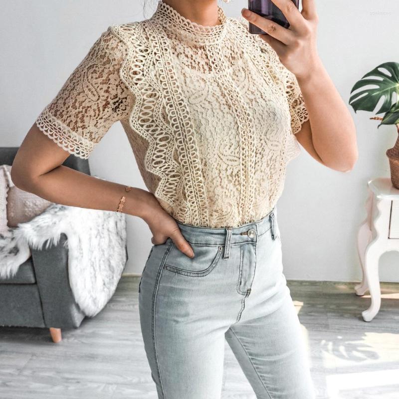 

Women' Blouses Summer Women Crochet Lace Short Sleeve Top For Ladies Solid Color O Neck All Match Chic, Beige