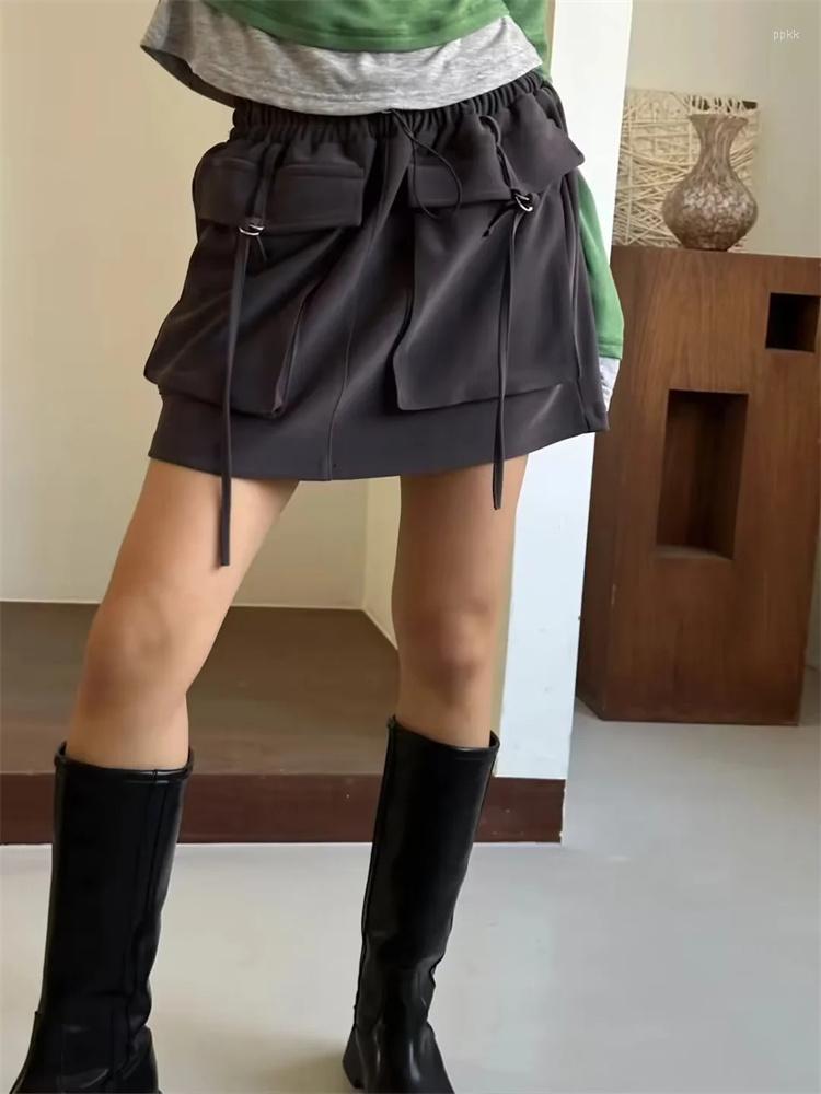 

Skirts Girls Vintage Gray High Waisted Cargo Skirt 2023 Spring Female Solid Elastic Waist Mini Woman Fashion Pocket, Beige