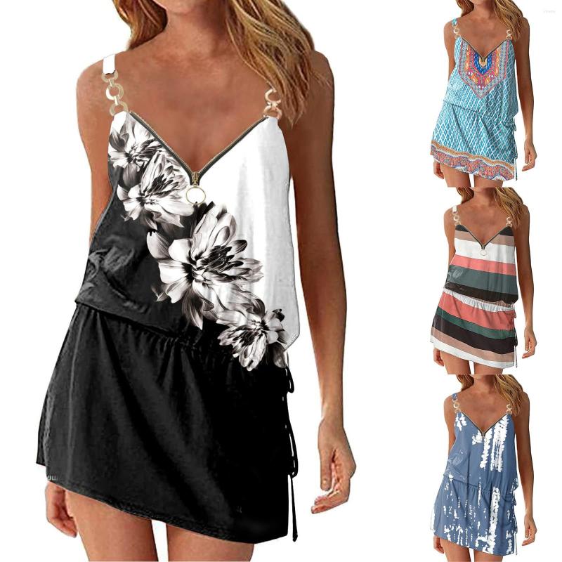 

Women's Swimwear Women Beach Dress Cover Ups Floral Print T Shirt Sleeveless Sundresses With Pockets, Green