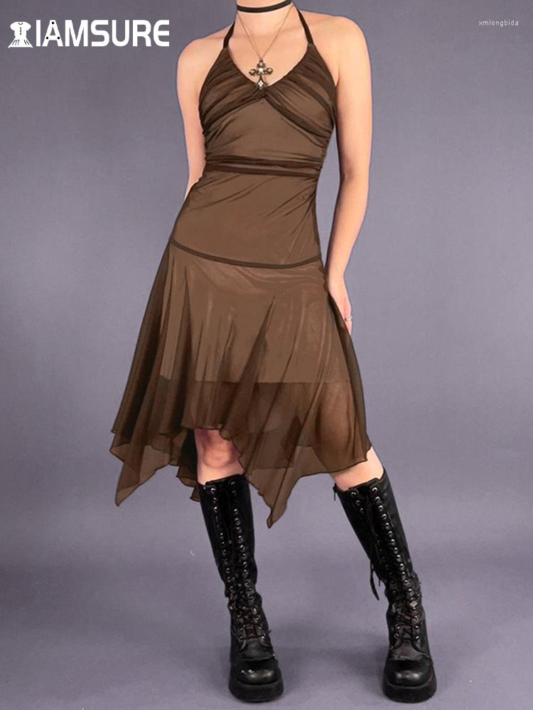 

Casual Dresses IAMSURE Vintage Grunge Fairycore Folds Mesh A-Line Dress Sexy Slim Halter Backless Sleeveless Mini For Women 2023 Spring, Green