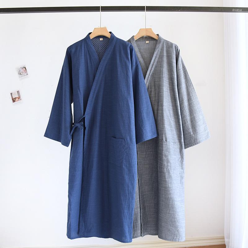 

Men's Sleepwear Solid Robes Casual Cotton Japanese Bathrobes Spring Kimono Pajamas Thin Gauze Autumn Men Nightgowns, Blue