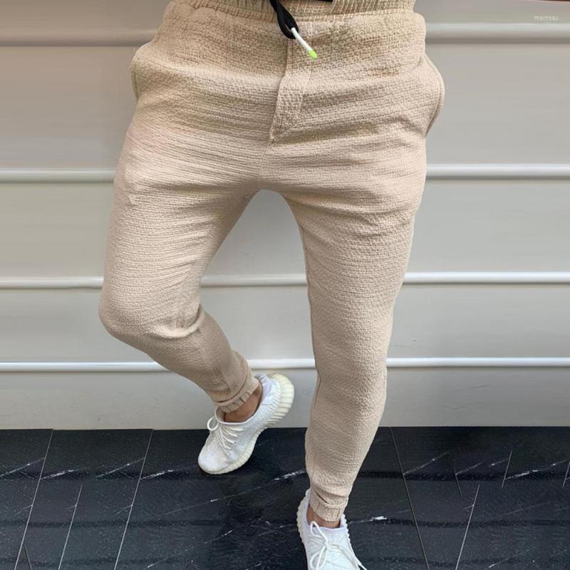 

Men's Pants Men Solid Color Elastic Waist Trousers Drawstring Ankle-banded Spring Slim Fit Pocket For Going Out, White