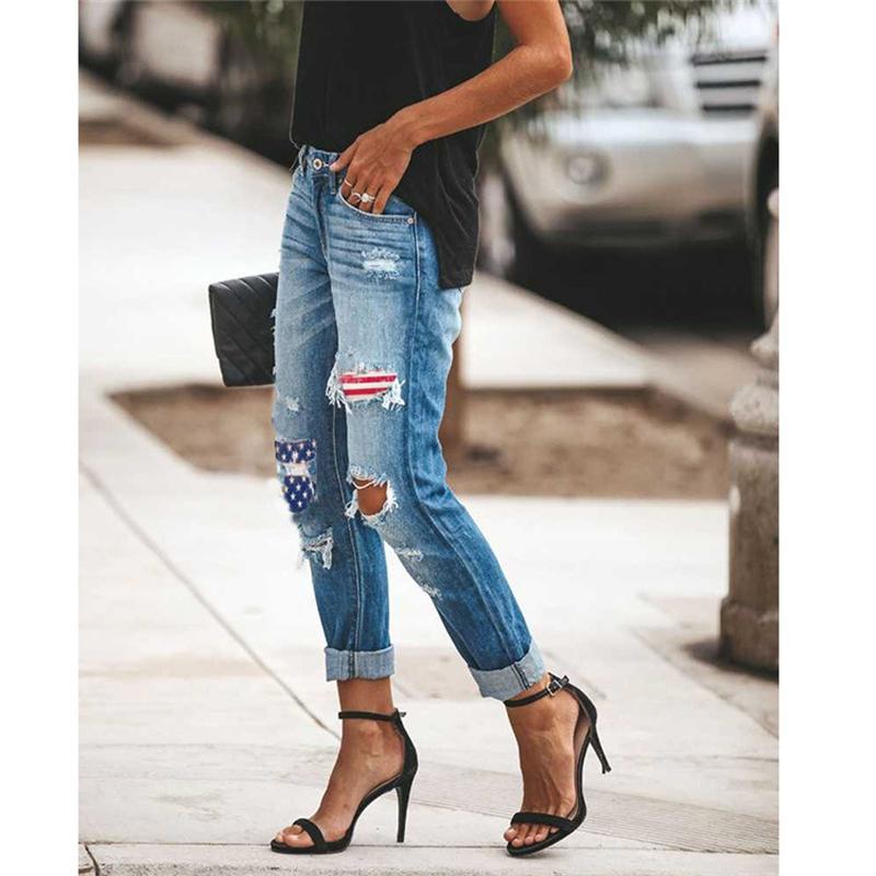 

Jeans Lady July 4th Independence Day Ripped Straight Pants Women's Cuffs Blue Skinny Jeans Girl Maid Trousers Ninth Pencil Pants