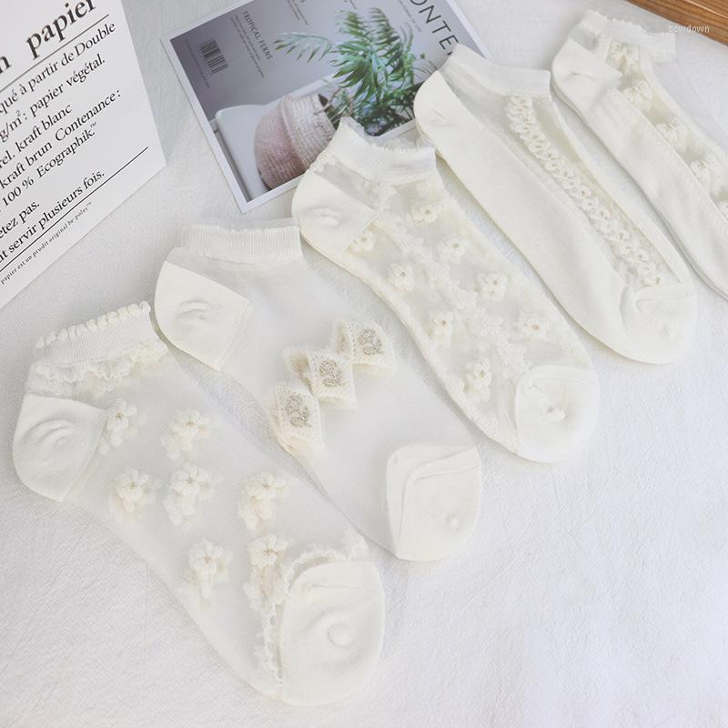 

Women Socks 5 Pairs/Lot Summer Ice Silk White Short Low Tube Cool Set Cute Print Ankle Foot Cover Fashion Kawaii Sock, Picture shown