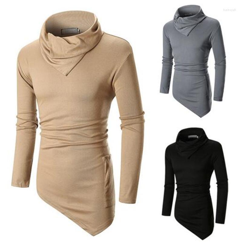 

Men's T Shirts Fitness Casual Streetwear Tshirt Men High Collar Long Sleeved Tshirts Top Shirt Hem Irregular Design Got, Gray