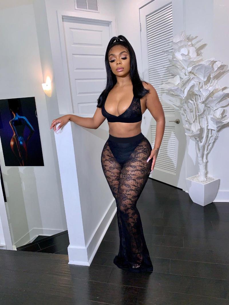 

Women' Two Piece Pants LFRVZ 2023 Luxury Designer Young Sexy Black See Through Bikini Top Long Boot Cut Skinny Women 2 Set