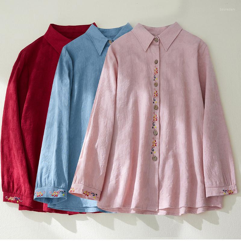 

Women's Blouses Embroidered Single Breasted Cotton Linen Shirt For Women In Spring Long Sleeved Loose Top, Blue