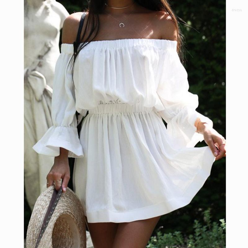 

Casual Dresses Lucyever White Slash Neck Summer Beach Dress Women Loose Flare Sleeve Short Woman Solid Color Vestidos Mujer 2023, Black