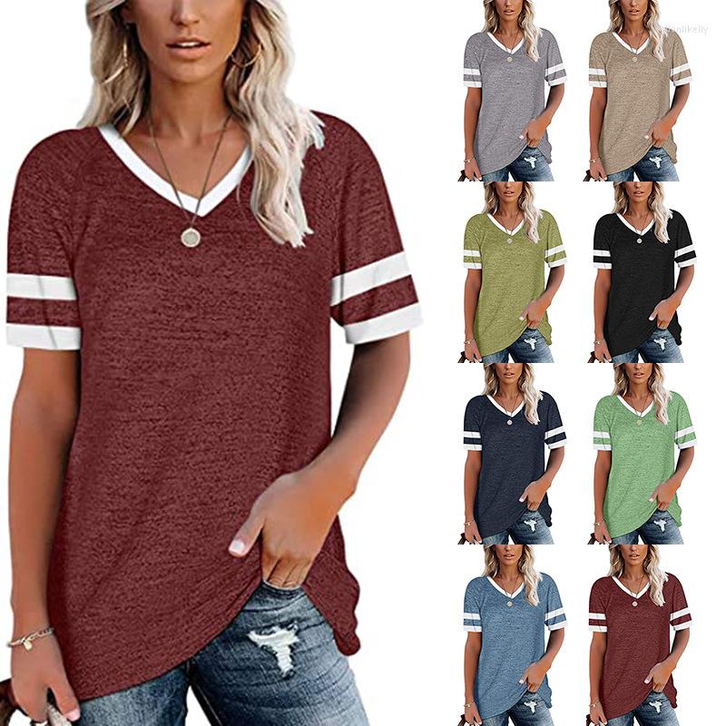 

Women' T Shirts Loose T-shirts Women Jumpers Short Sleeve V-neck Tops Woman Pullovers Female Summer Sexy Striped Cotton Cloth Undershit, Khaki