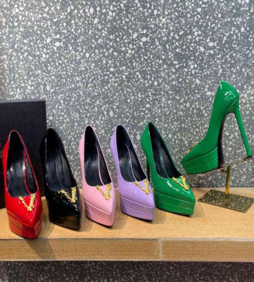 

2022 Luxury Designer Womens Fashion High Thin Heel Pump Shoe Ladies Spring Sexy Thick Platform Patent Leather Pointed Toe Sandal H6196950, Red