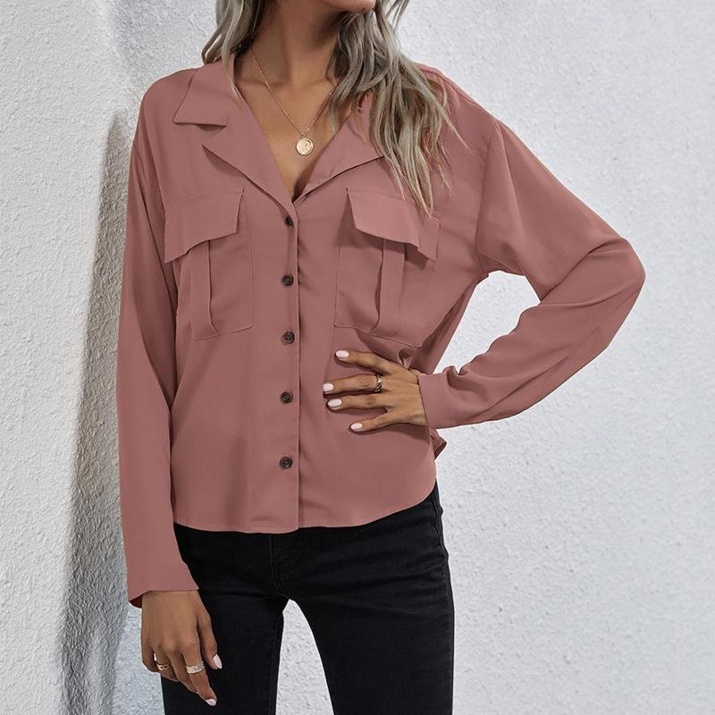 

Women' Blouses Women Button Turn Down Collar Shirts Office Lady Long Sleeve Casual Blouse Loose Pocket Shirt Baggy Tops, Khaki