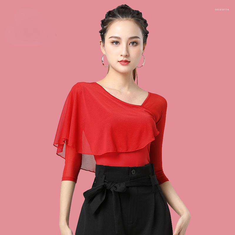 

Stage Wear Modern Dance Shirt Spring Summer Mid-sleeve Clothing Latin Practice Ballroom Square, Black